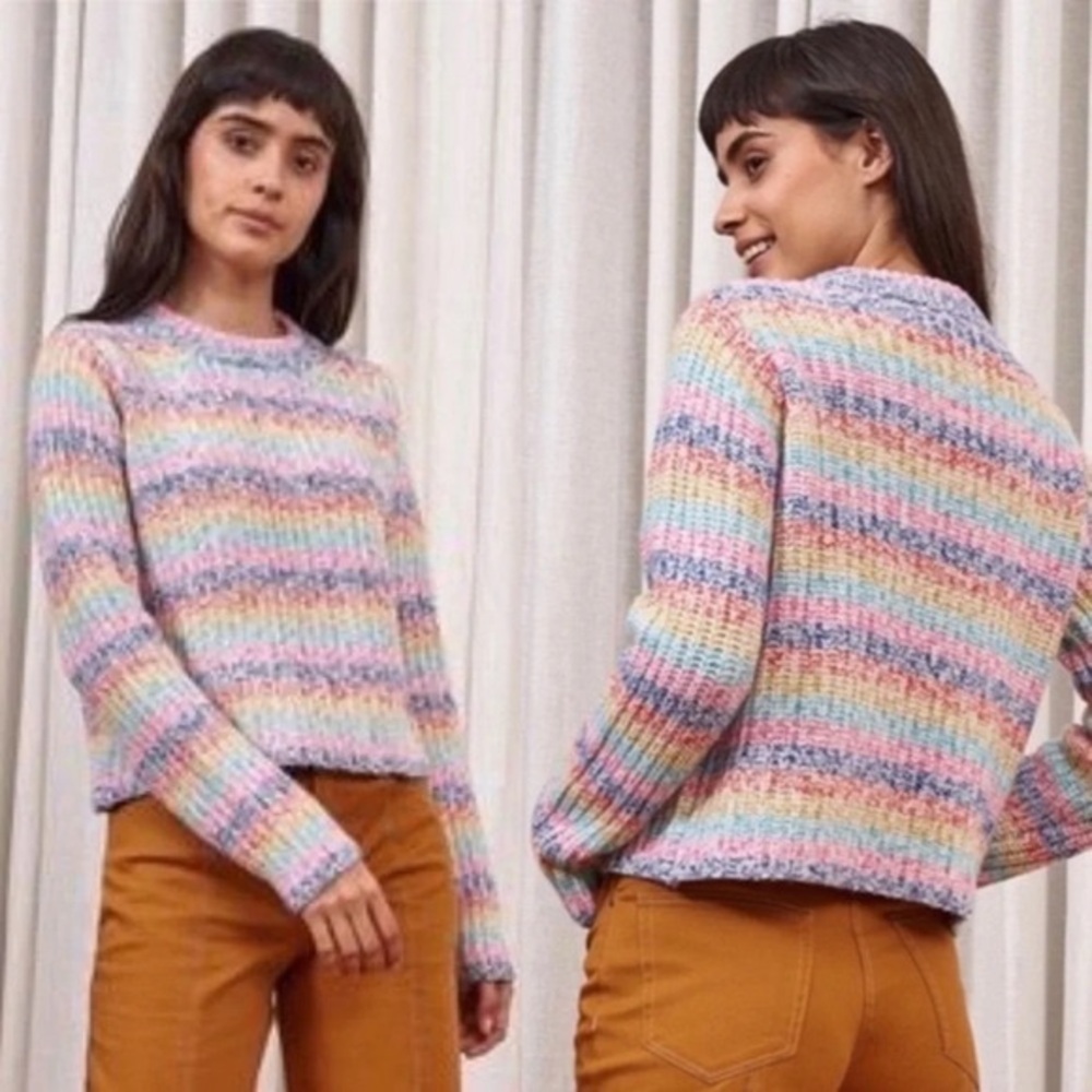La Ligne Cherie Striped Colorful Crewneck Rainbows Wool Cashmere Knit Sweater M